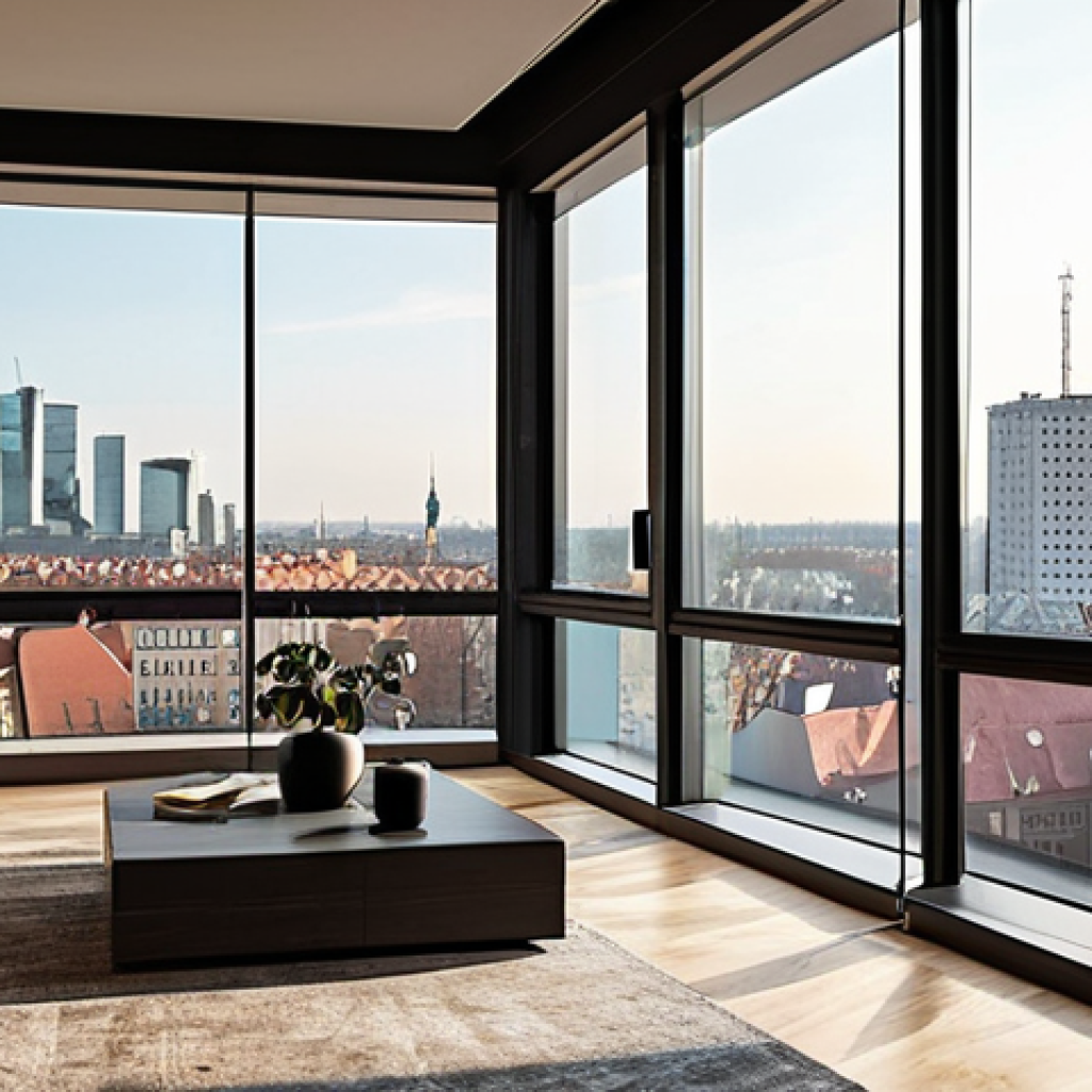 **A modern apartment interior in Warsaw, Poland, featuring a minimalist design with a large window overlooking the city skyline. On the wall hangs a vibrant, abstract painting by a contemporary Polish artist. Sunlight streams through the window, illuminating the artwork. The overall mood is sophisticated and affluent.** (This image represents real estate and art investment).
