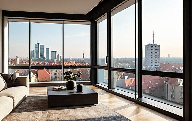 **A modern apartment interior in Warsaw, Poland, featuring a minimalist design with a large window overlooking the city skyline. On the wall hangs a vibrant, abstract painting by a contemporary Polish artist. Sunlight streams through the window, illuminating the artwork. The overall mood is sophisticated and affluent.** (This image represents real estate and art investment).
